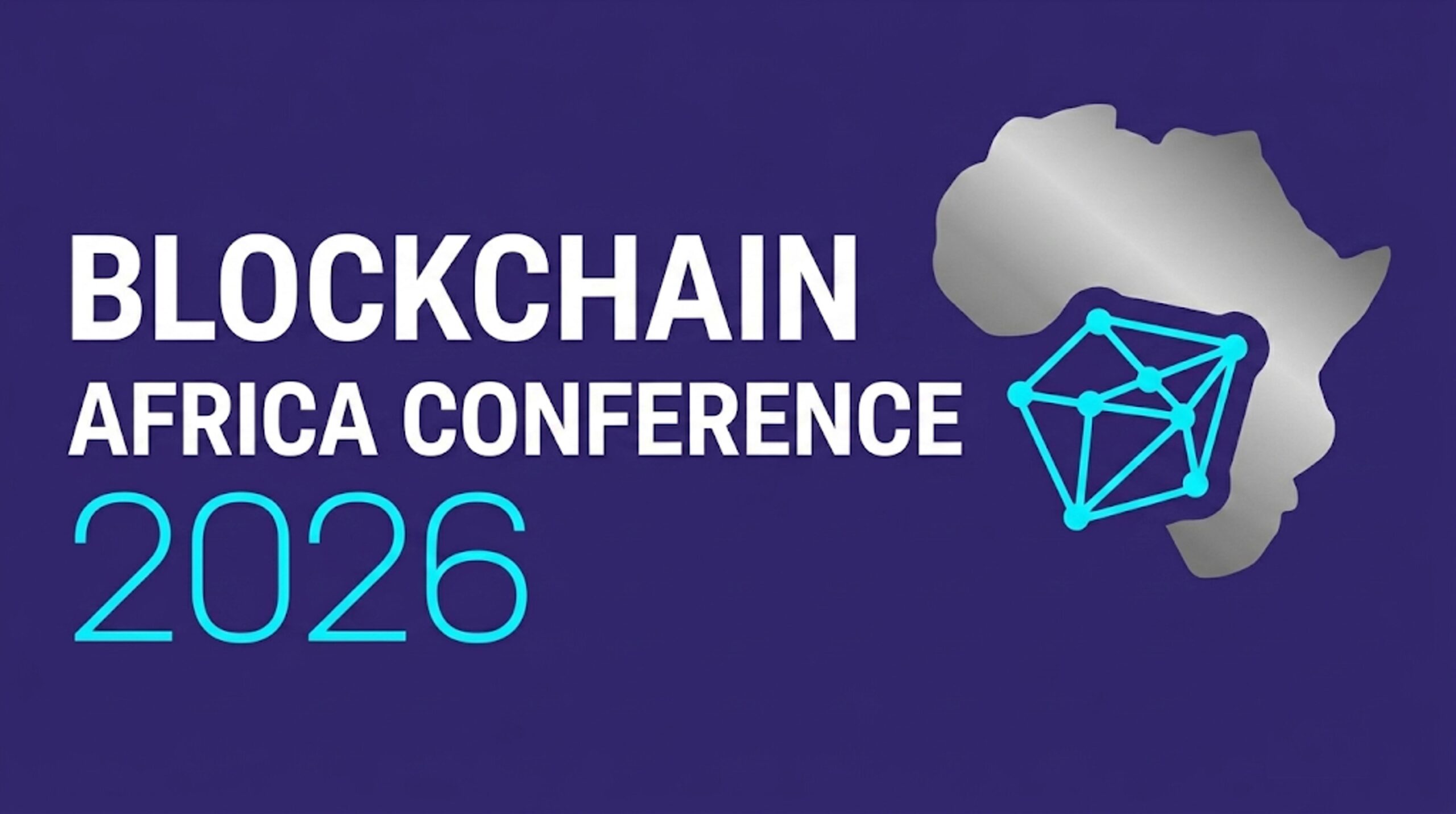 A conference stage featuring blockchain-themed visuals, African landmarks, and attendees networking beneath a banner for Blockchain Africa Conference 2026.