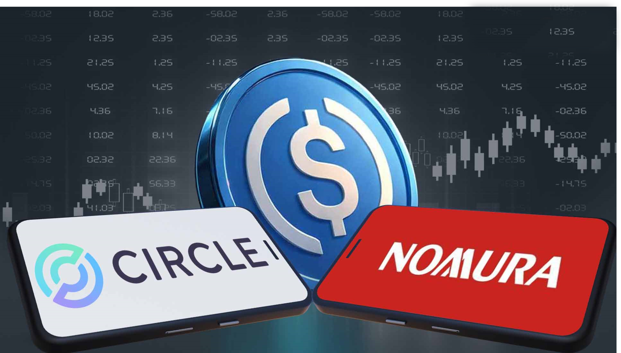 Circle x Nomura.jpeg Circle and Nomura logos with digital stablecoin, Japanese yen, and blockchain-powered foreign exchange settlement visuals