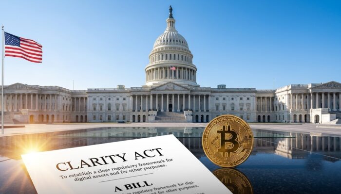 U.S. Capitol building with lawmakers discussing the CLARITY Act, cryptocurrency symbols, legislative documents, and blockchain policy graphics