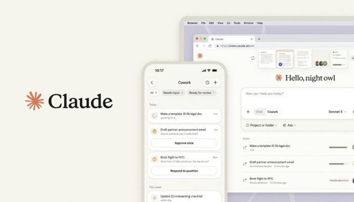 Anthropic Claude Cowork interface displayed across desktop, smartphone, and tablet with AI collaboration features and productivity tools
