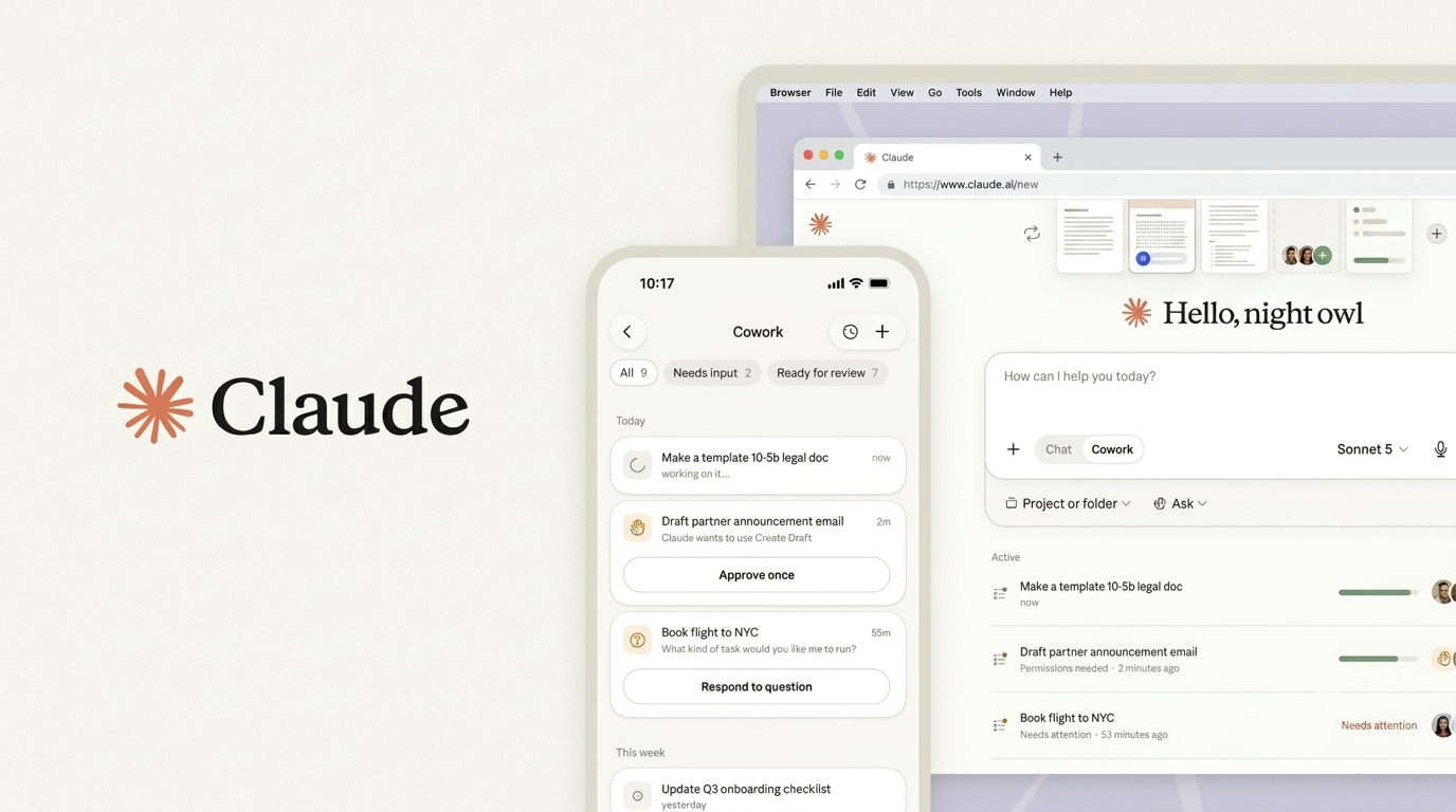 Claude cowork Anthropic Claude Cowork interface displayed across desktop, smartphone, and tablet with AI collaboration features and productivity tools
