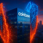 A developer working on multiple monitors displaying AI-generated code with the Coinbase logo, representing the company's use of artificial intelligence to write over 95% of its software code.