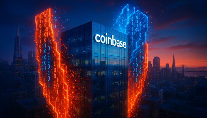 A developer working on multiple monitors displaying AI-generated code with the Coinbase logo, representing the company's use of artificial intelligence to write over 95% of its software code.