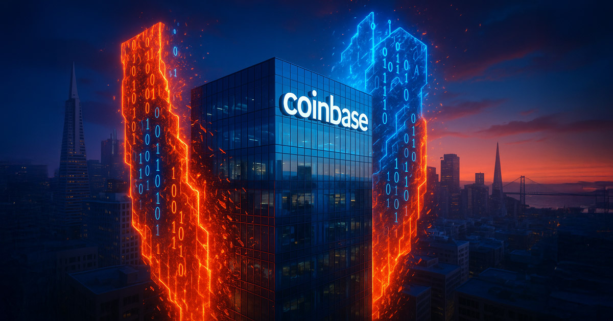 A developer working on multiple monitors displaying AI-generated code with the Coinbase logo, representing the company's use of artificial intelligence to write over 95% of its software code.