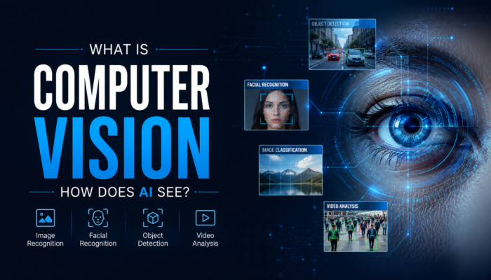 Artificial intelligence analyzing images through computer vision with neural networks, object detection, facial recognition, and digital camera visuals