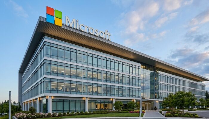 Microsoft headquarters with employee silhouettes, corporate restructuring graphics, and global workforce reduction visuals