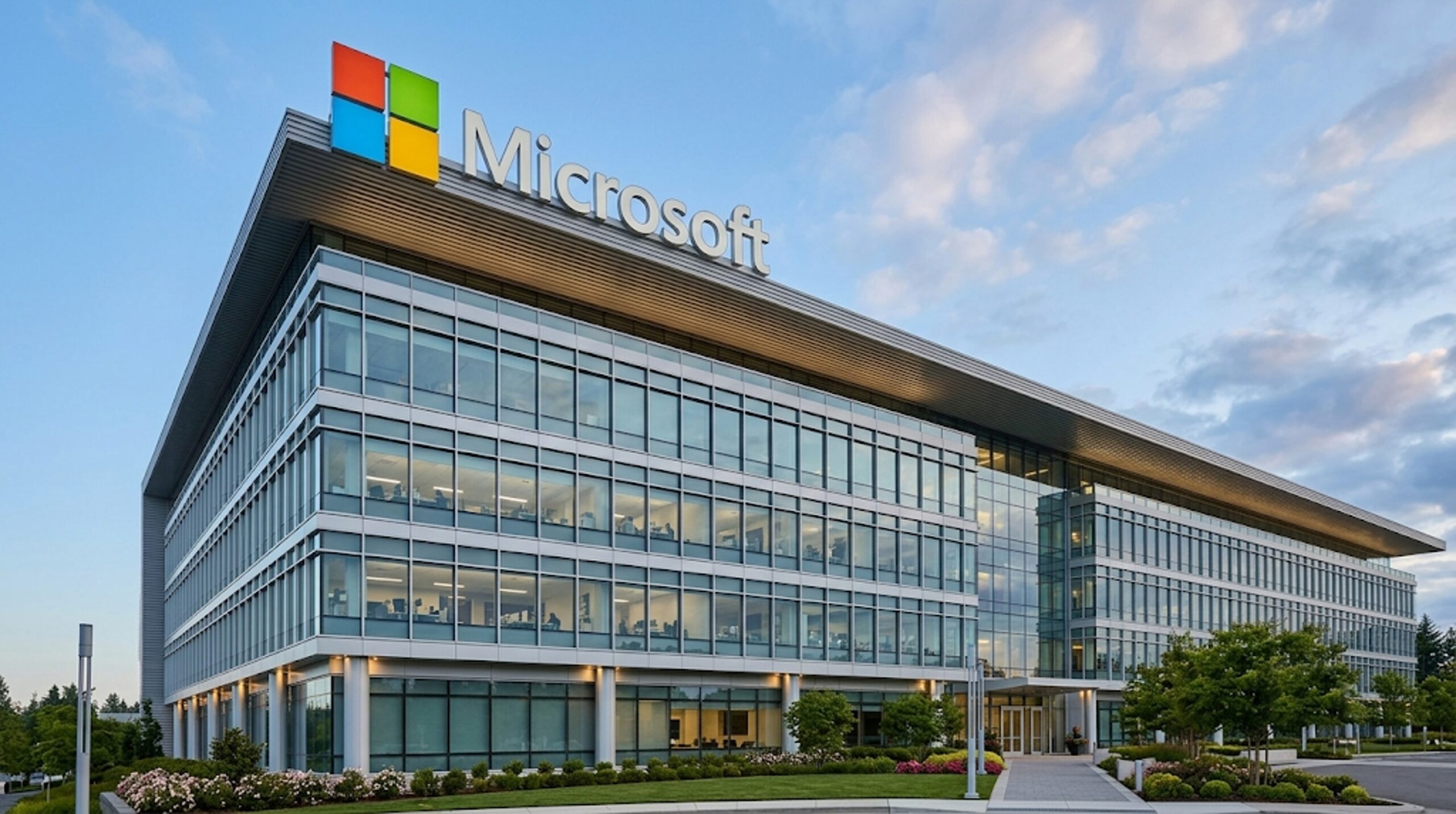 Microsoft lay off Microsoft headquarters with employee silhouettes, corporate restructuring graphics, and global workforce reduction visuals