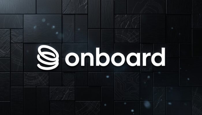 Onboard app interface displaying borderless banking, digital asset wallets, global payment connections, and cryptocurrency management features