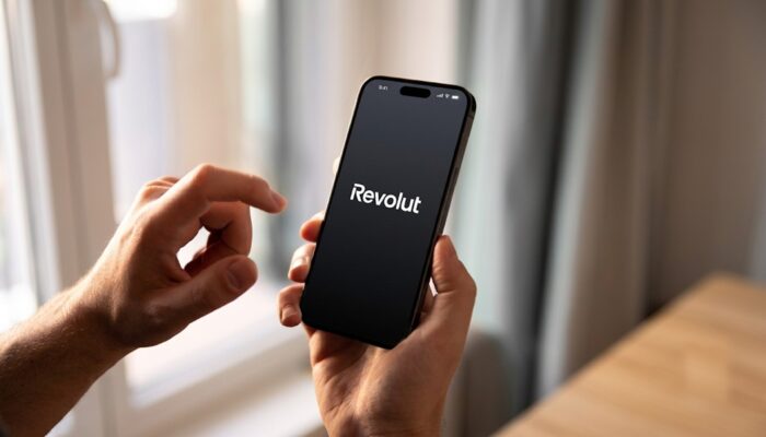 A smartphone displaying the Revolut app alongside Bitcoin and Ethereum symbols with the UAE skyline in the background, representing the company's plans to launch crypto services in the Emirates.