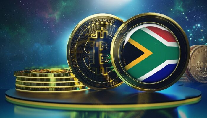 South African Revenue Service office with cryptocurrency symbols, tax documents, and blockchain compliance graphics