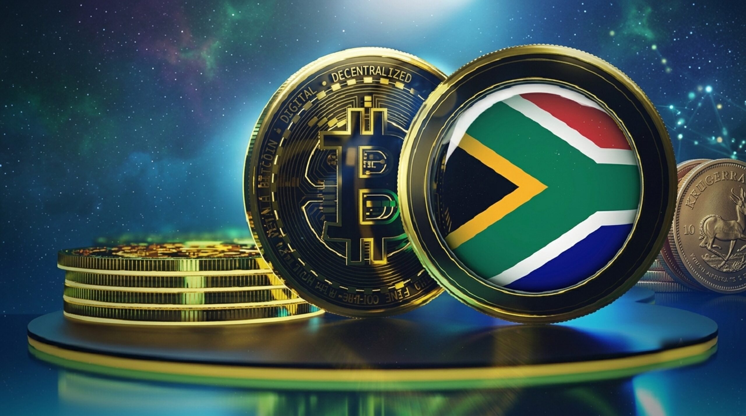 South African Revenue Service office with cryptocurrency symbols, tax documents, and blockchain compliance graphics