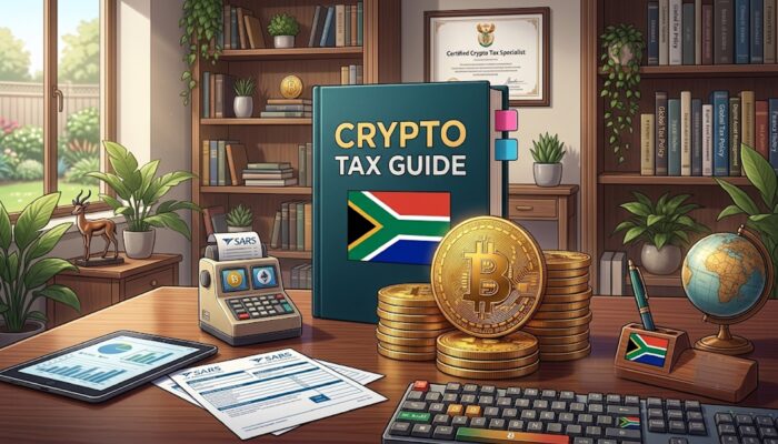 South African tax authority documents alongside cryptocurrency symbols, blockchain graphics, and public consultation materials for the draft crypto tax guide
