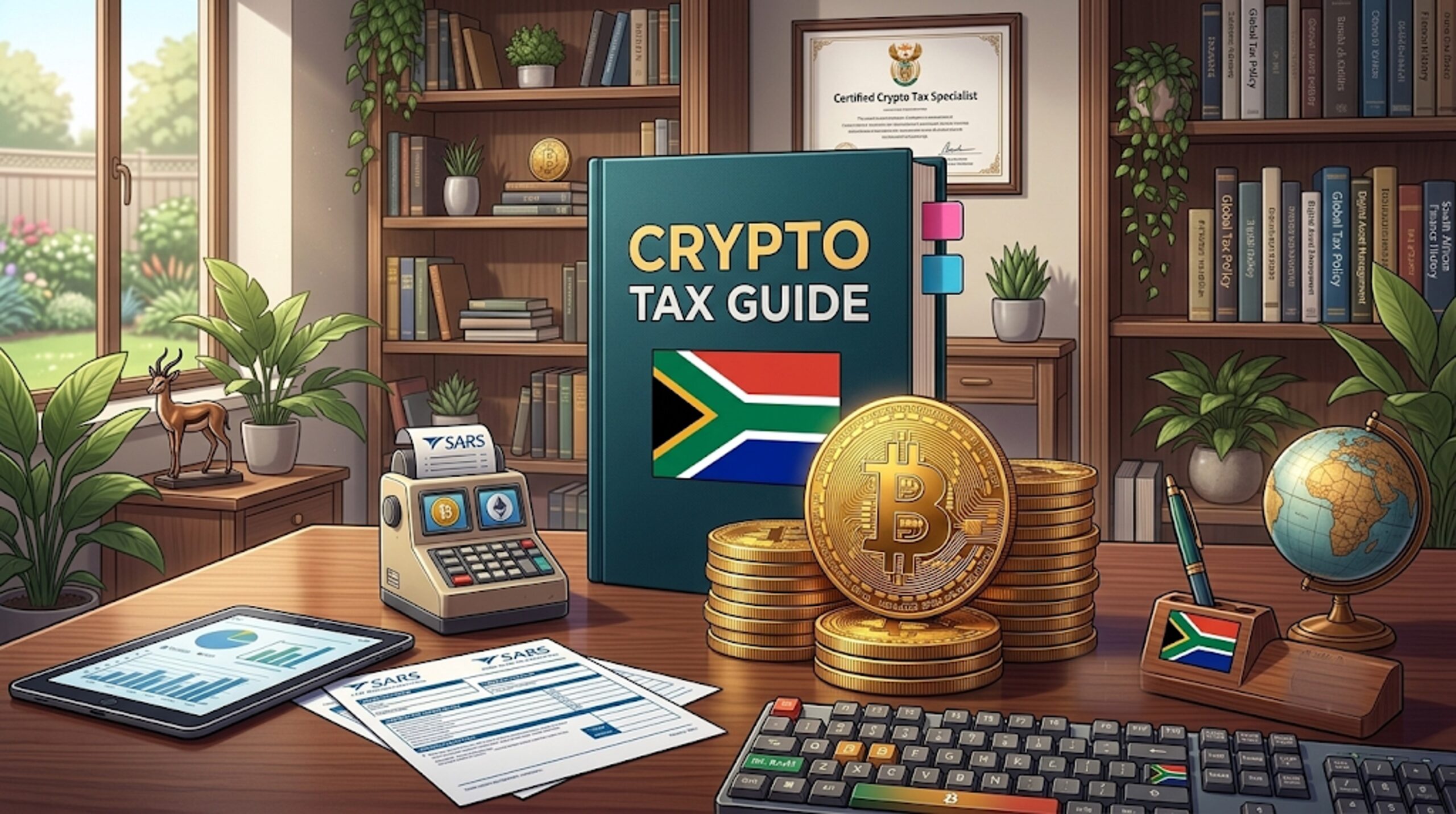 South African tax authority documents alongside cryptocurrency symbols, blockchain graphics, and public consultation materials for the draft crypto tax guide