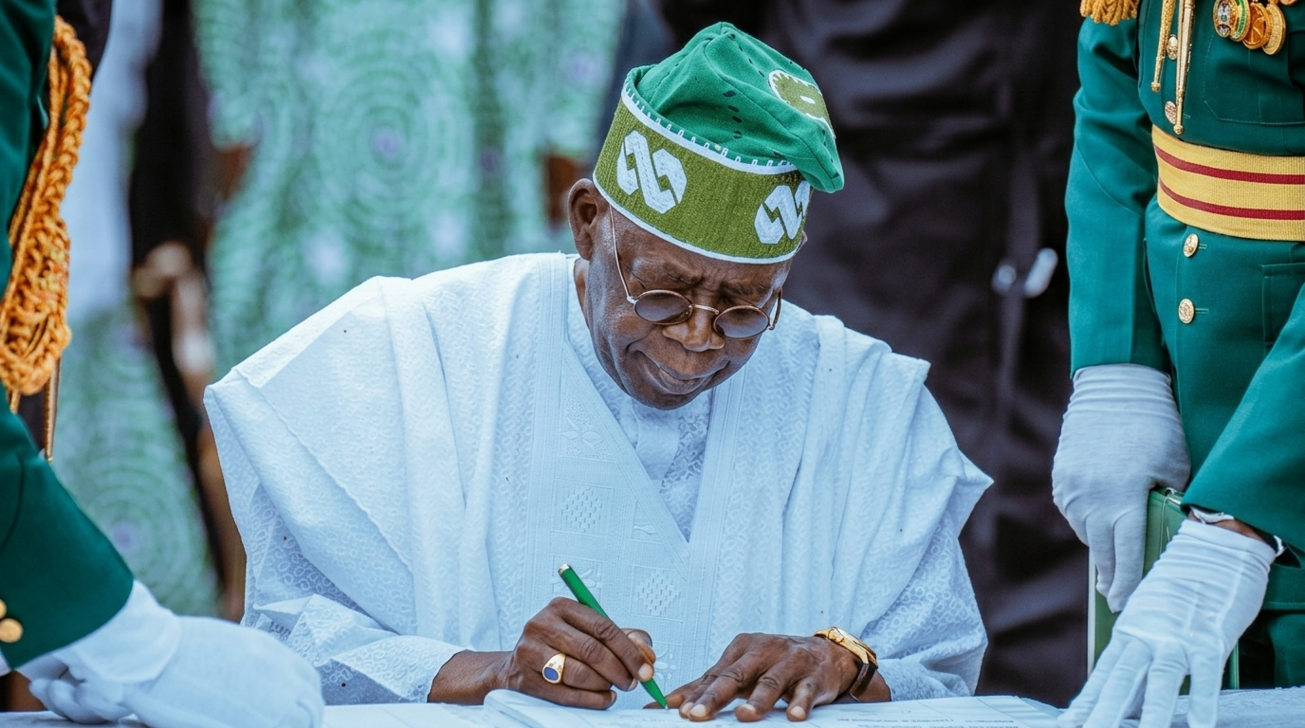President Bola Tinubu with cryptocurrency symbols, the Nigerian flag, and regulatory documents, representing the signing of an executive order to coordinate crypto regulation.