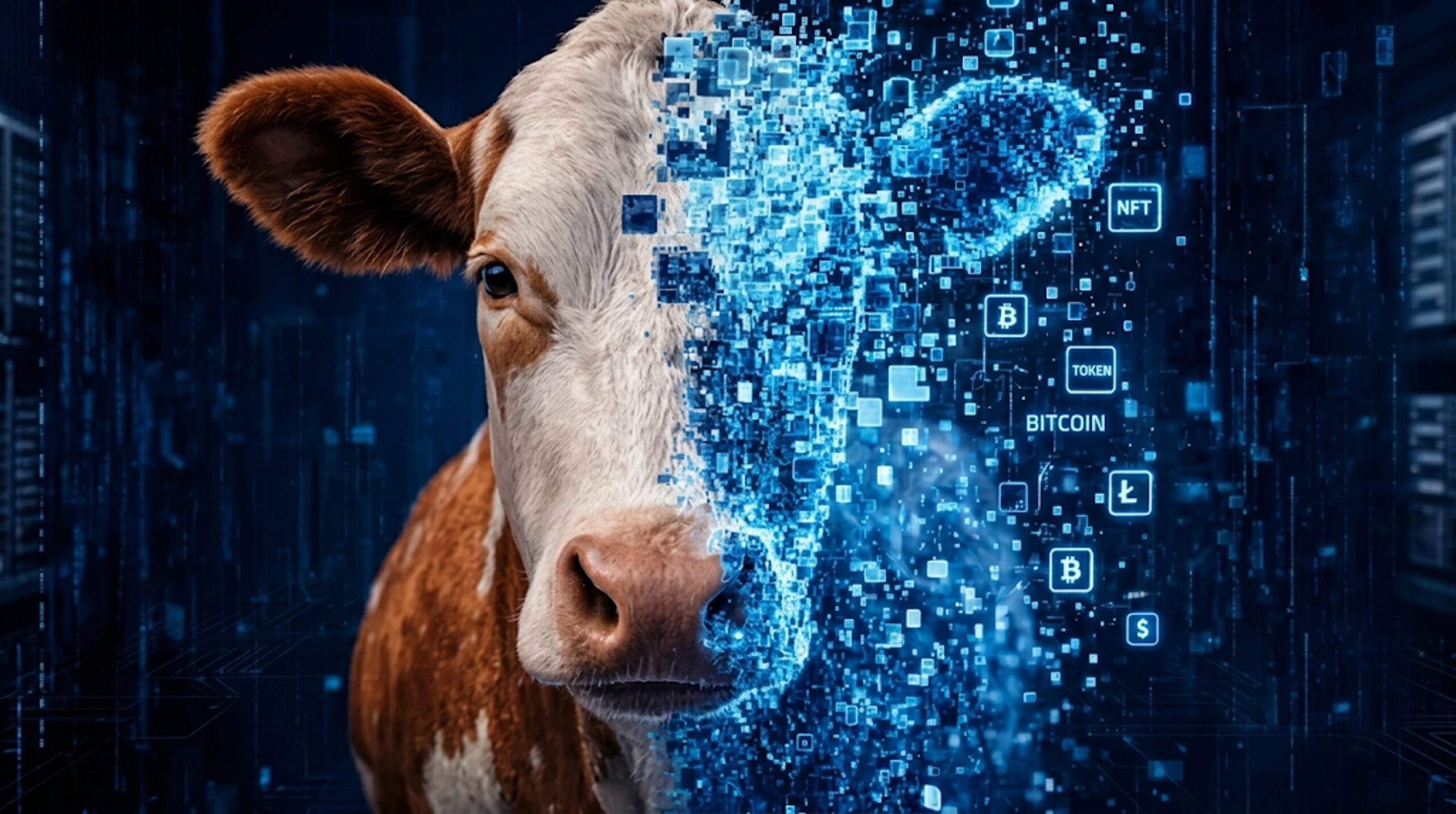An illustration showing cattle represented as digital blockchain tokens alongside the Brazilian flag, farmland, and financial documents symbolizing tokenised livestock used as loan collateral.