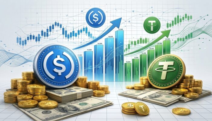 USDC and Tether stablecoin logos displayed with transaction volume charts, blockchain network graphics, and digital payment analytics