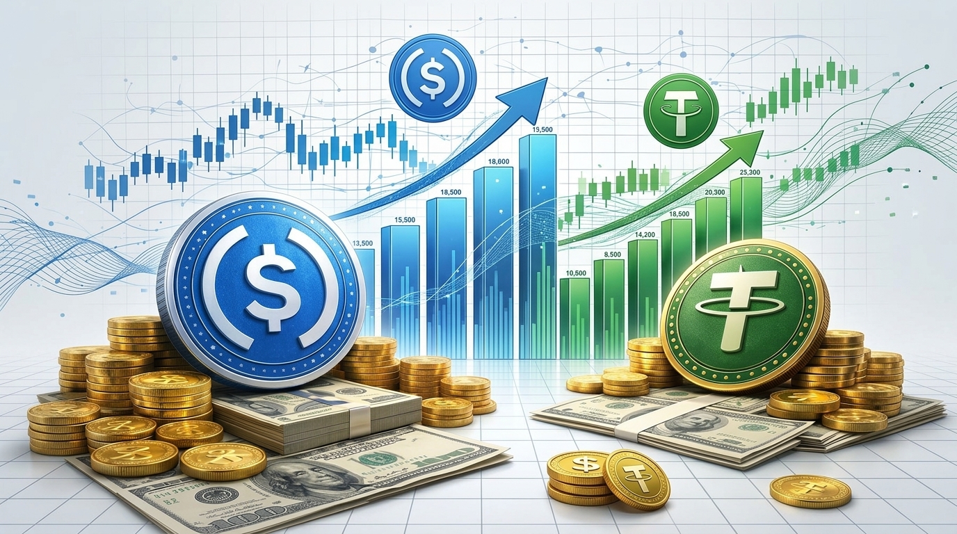 USDC and Tether stablecoin logos displayed with transaction volume charts, blockchain network graphics, and digital payment analytics
