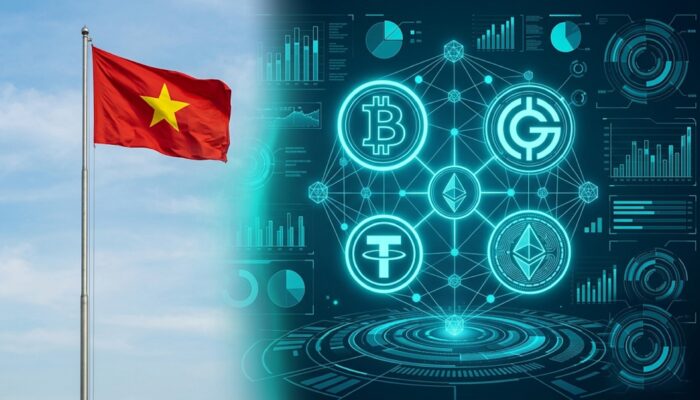 An illustration featuring Vietnam's flag, cryptocurrency symbols, regulatory documents, and a compliance warning, representing the country's new fines for crypto platform violations.