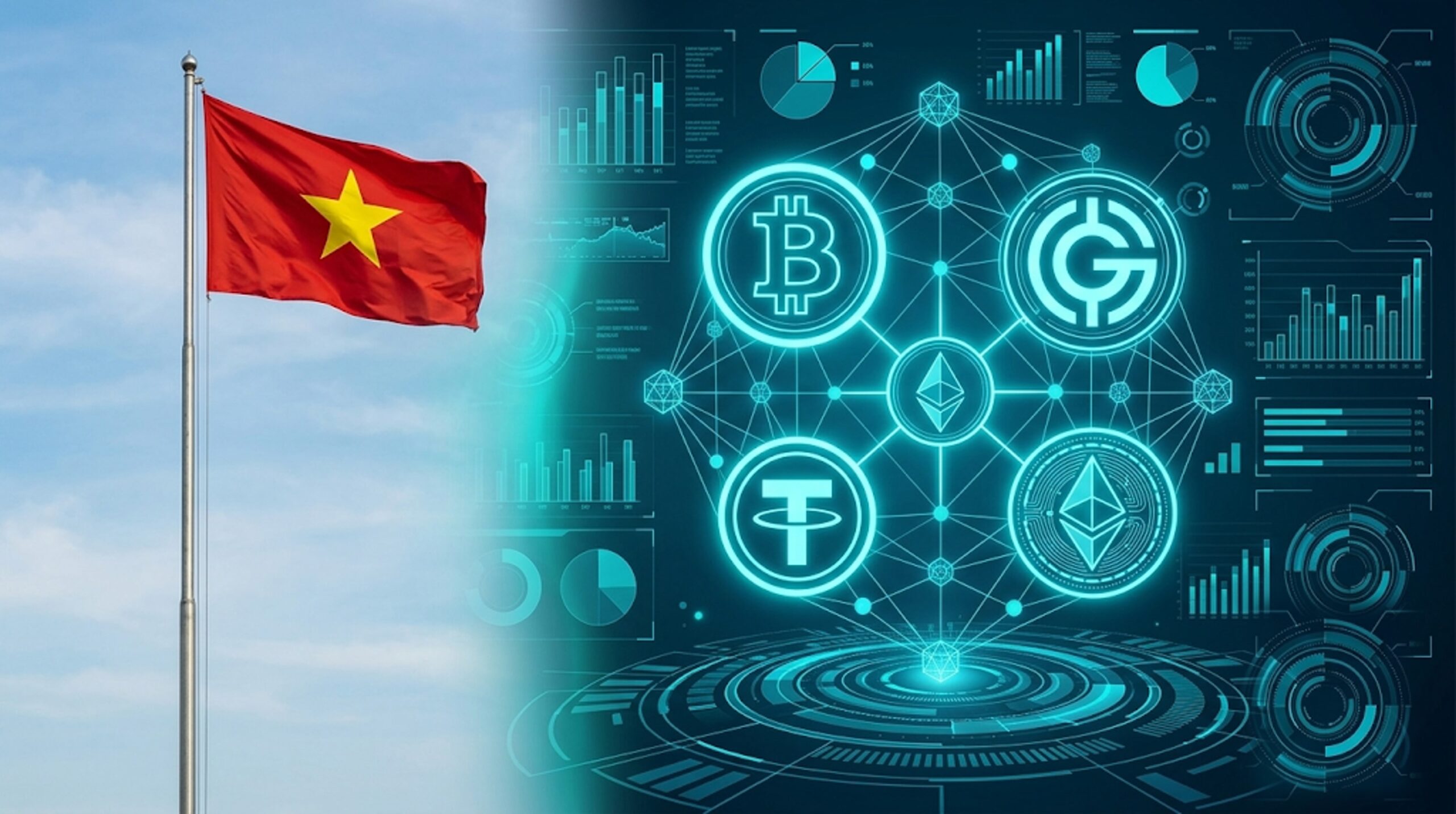 An illustration featuring Vietnam's flag, cryptocurrency symbols, regulatory documents, and a compliance warning, representing the country's new fines for crypto platform violations.