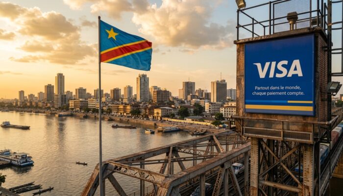 Visa, M-PESA, and Onafriq logos alongside stablecoin, blockchain, and digital payment visuals with the Democratic Republic of Congo highlighted on an African map