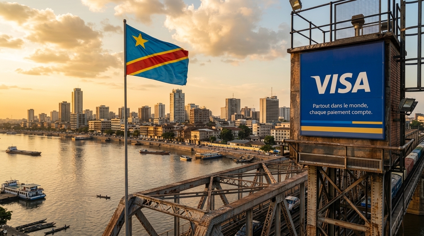 Visa, M-PESA, and Onafriq logos alongside stablecoin, blockchain, and digital payment visuals with the Democratic Republic of Congo highlighted on an African map
