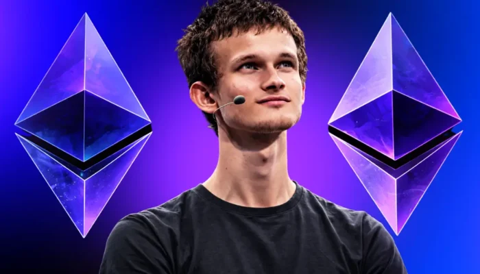 Vitalik Buterin presenting Ethereum's revised roadmap with blockchain developers, network upgrade graphics, and Ethereum ecosystem visuals