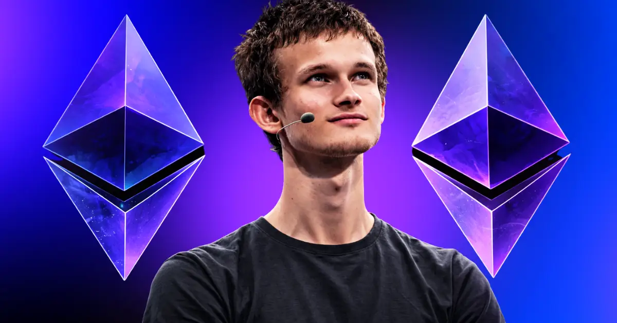 Vitalik Buterin presenting Ethereum's revised roadmap with blockchain developers, network upgrade graphics, and Ethereum ecosystem visuals