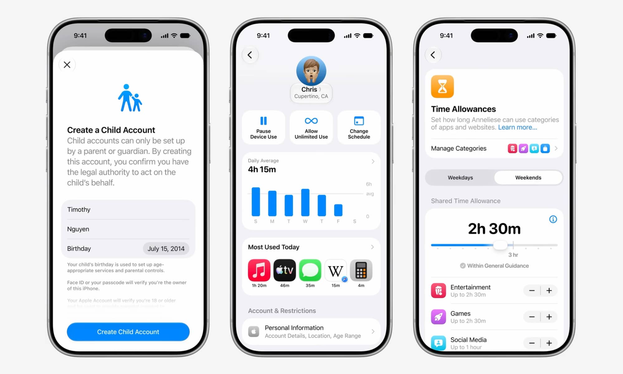 Apple iPhone displaying iOS 27 child safety features, parental control settings, family sharing interface, and digital privacy graphics