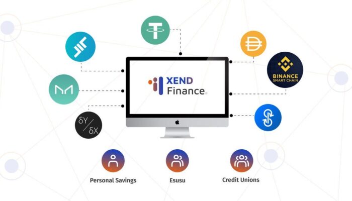 An illustration featuring the Xend Finance logo, tokenized real-world assets, blockchain network graphics, African business landmarks, and DeFi symbols representing the company's RWA blockchain initiative.