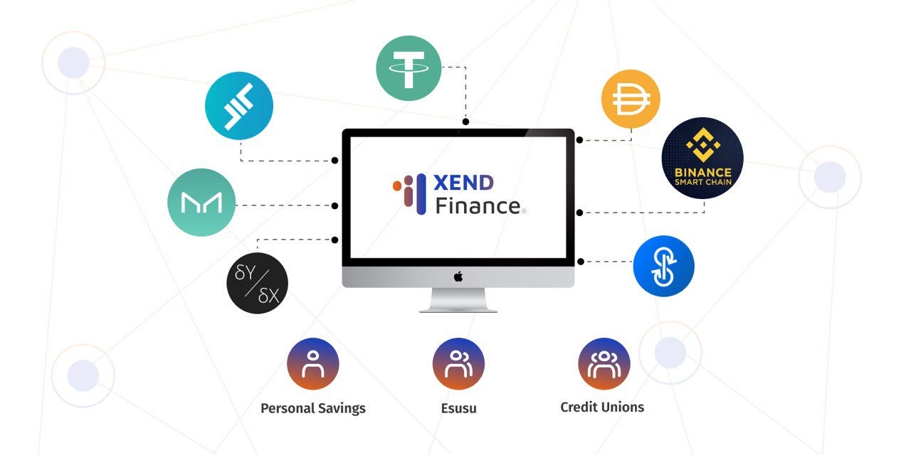 An illustration featuring the Xend Finance logo, tokenized real-world assets, blockchain network graphics, African business landmarks, and DeFi symbols representing the company's RWA blockchain initiative.