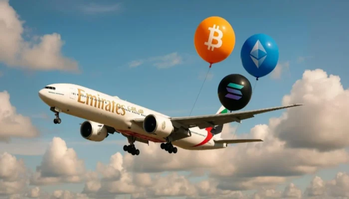 An illustration featuring an Emirates aircraft, cryptocurrency symbols such as Bitcoin and Ethereum, a digital payment interface, and blockchain graphics representing crypto payments for airline tickets.