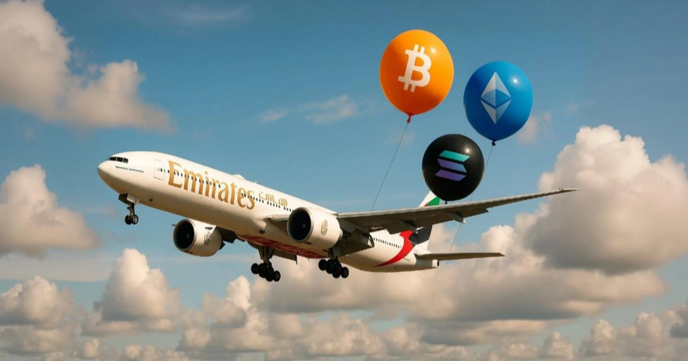 An illustration featuring an Emirates aircraft, cryptocurrency symbols such as Bitcoin and Ethereum, a digital payment interface, and blockchain graphics representing crypto payments for airline tickets.