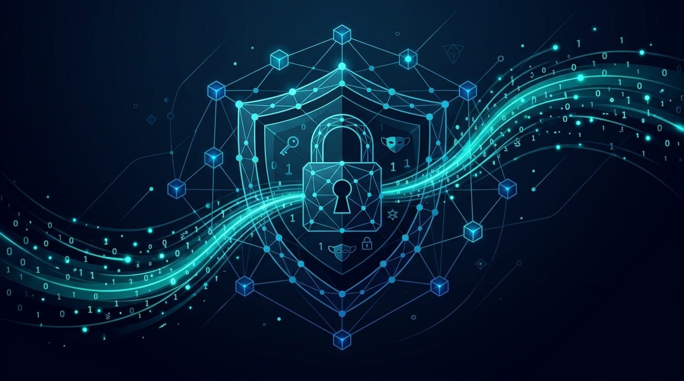 EthSystems branding with Ethereum logo, blockchain privacy graphics, encrypted network connections, and developers building secure Ethereum applications