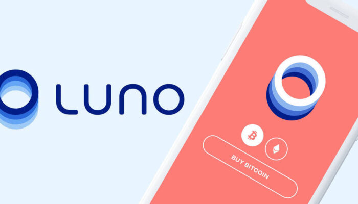 An illustration featuring the Luno logo, cryptocurrency charts, office silhouettes, institutional finance graphics, and blockchain network visuals symbolizing the company's workforce reduction and strategic pivot.