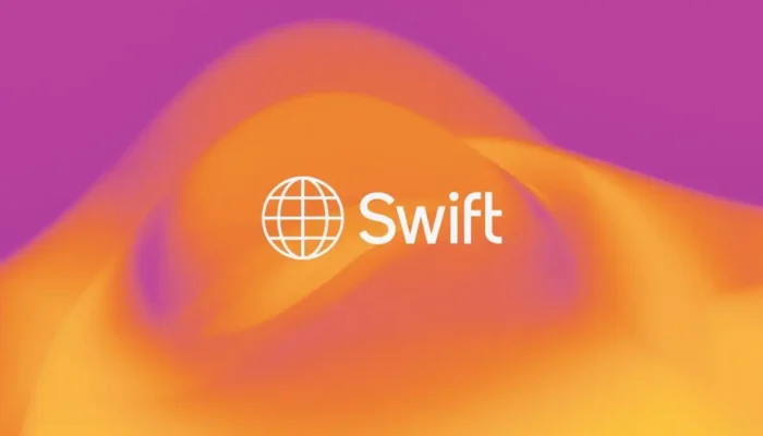 Swift logo with blockchain network visualization, global payment connections, digital currency icons, and financial institutions linked across a world map