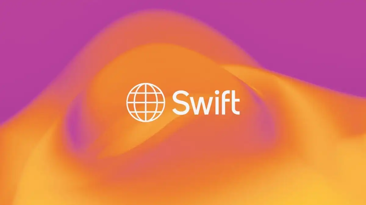 Swift logo with blockchain network visualization, global payment connections, digital currency icons, and financial institutions linked across a world map