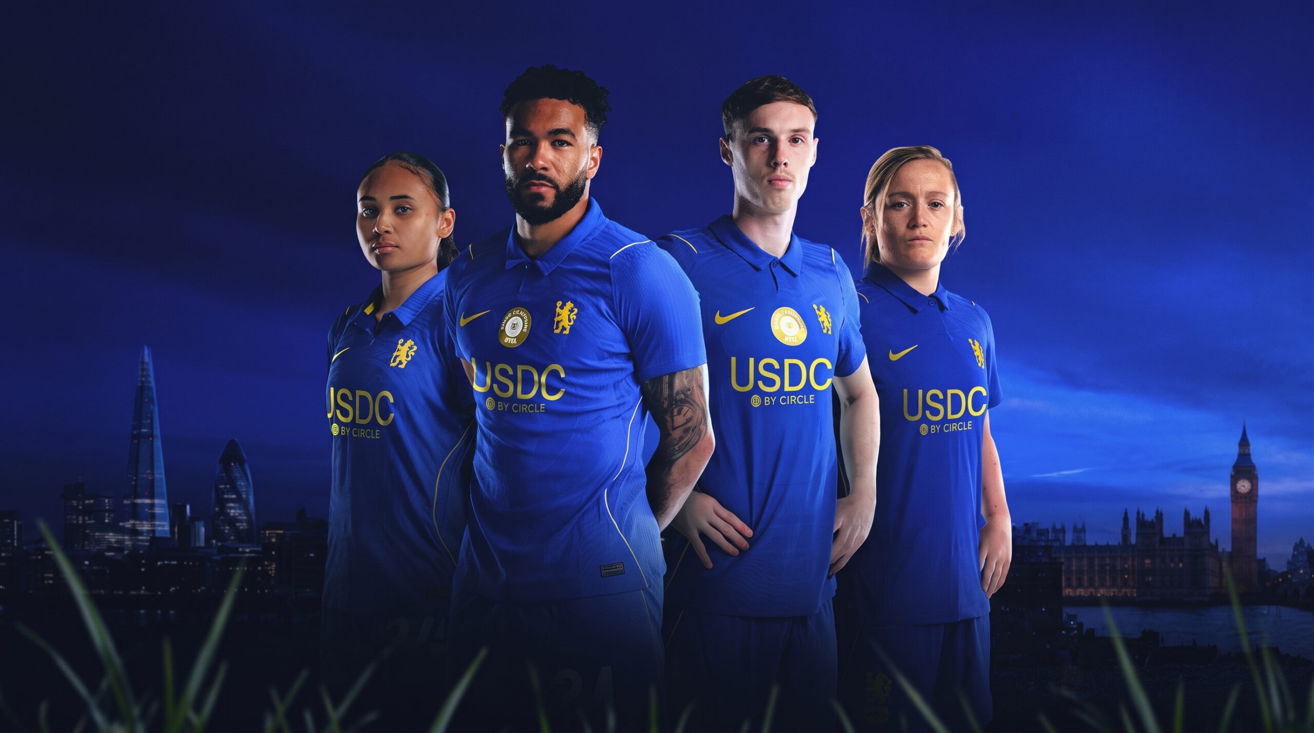 Chelsea FC players Reece James, Cole Palmer, Lauren James, and Erin Cuthbert wearing the blue home kit featuring the USDC by Circle front-of-shirt sponsor logo.
