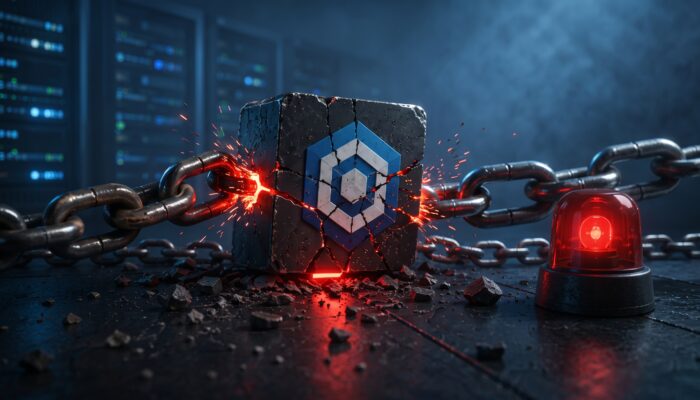 A cracked digital asset block bound by heavy metal chains next to an illuminated red emergency alarm in a dark server room.