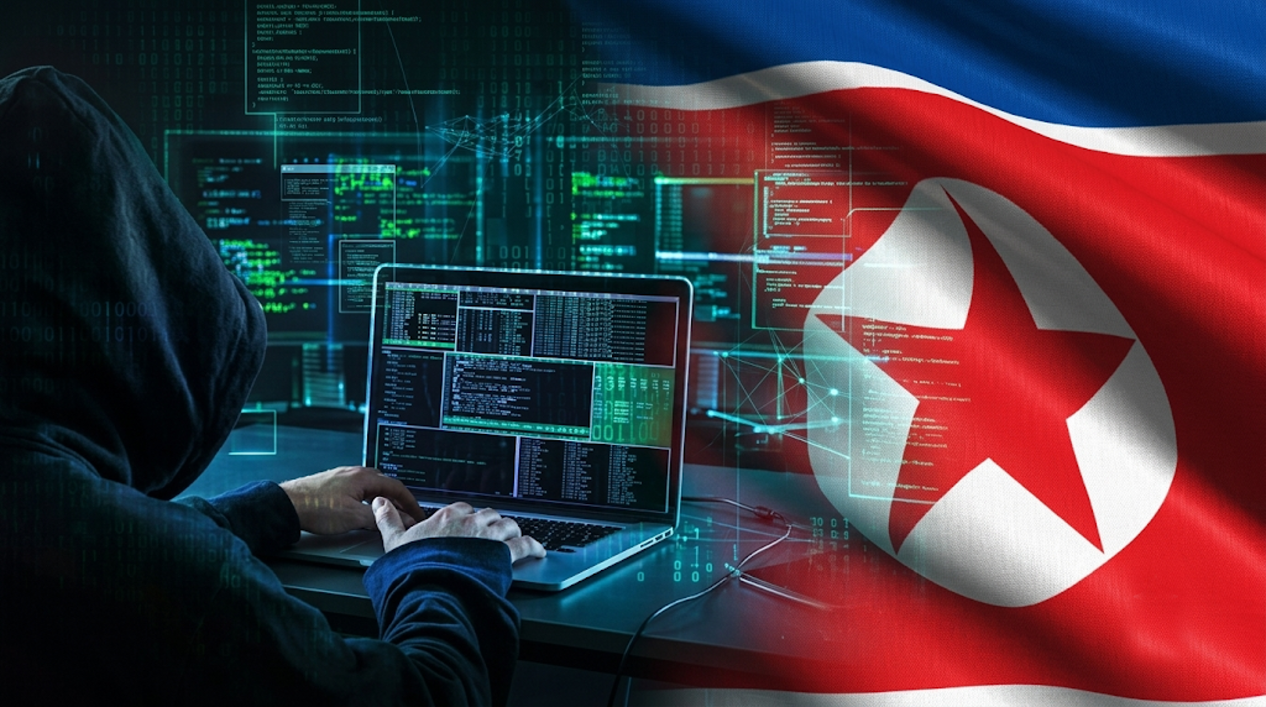 Digital network diagram depicting a cybersecurity investigation infiltrating a North Korean hacking infrastructure and uncovering global data breaches.