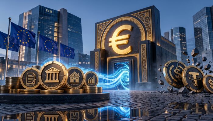 European Central Bank building integrated with glowing blockchain network bridges and digital financial data rails.