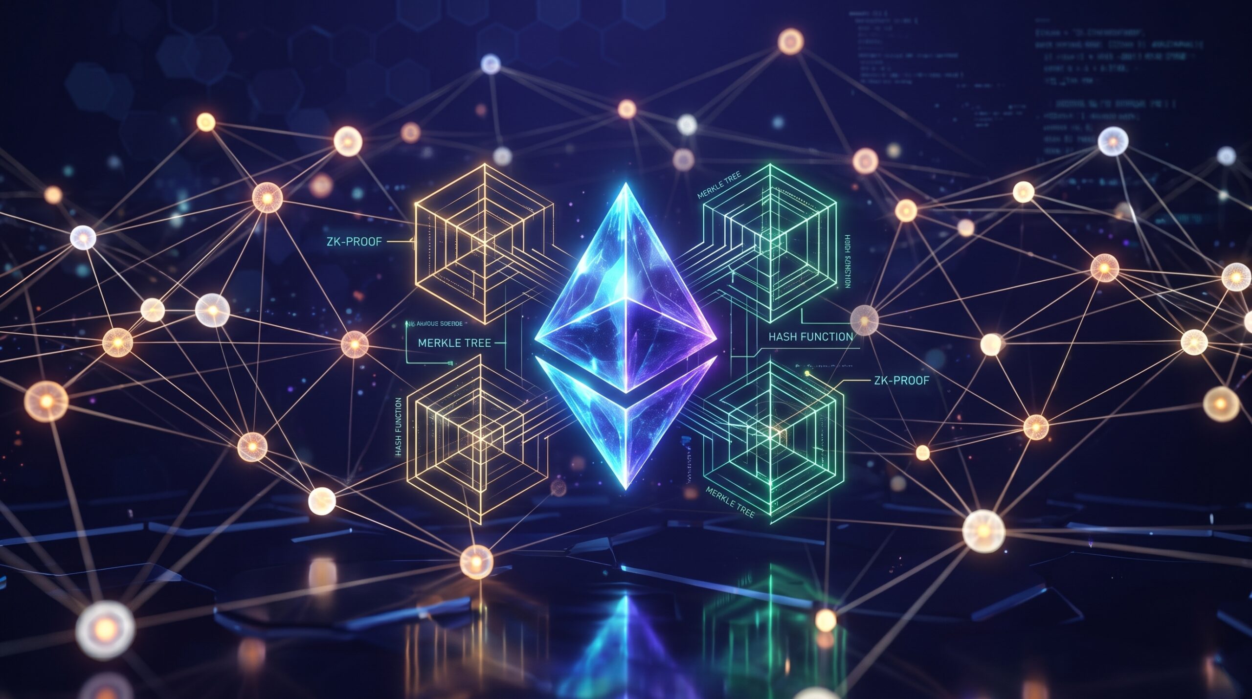 digital Ethereum logo surrounded by glowing cryptographic proof circuits and decentralized network nodes.