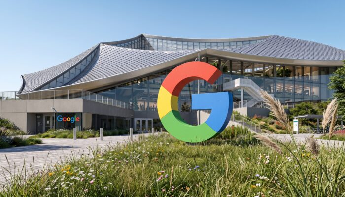 The Google headquarters campus featuring the large multicolor Google logo in the foreground, representing corporate AI security and trade secret litigation.