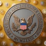 The U.S. Securities and Exchange Commission seal integrated with glowing blockchain network nodes and cryptocurrency tokens.