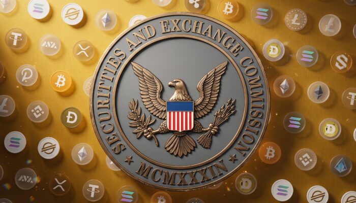 The U.S. Securities and Exchange Commission seal integrated with glowing blockchain network nodes and cryptocurrency tokens.