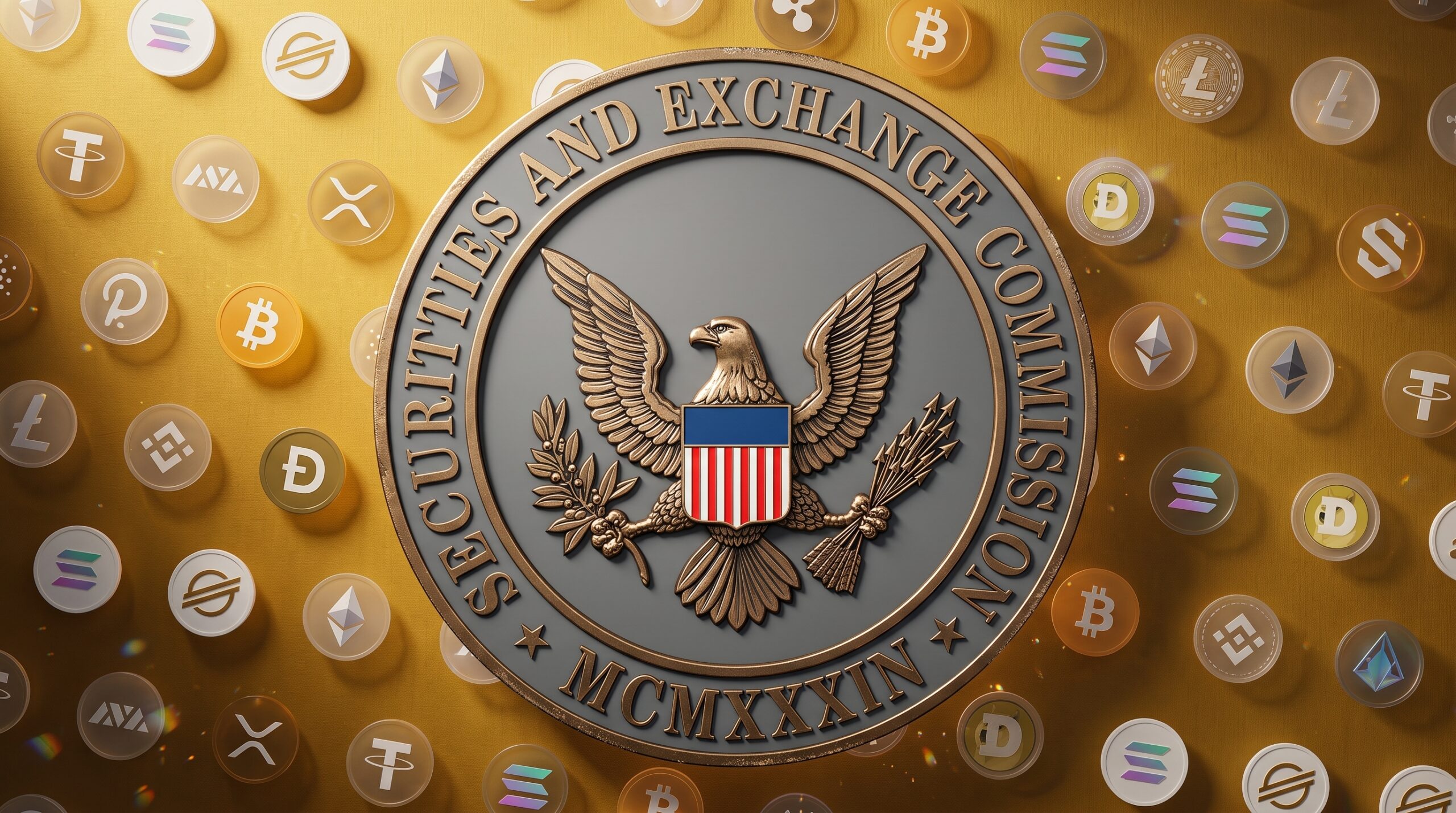 The U.S. Securities and Exchange Commission seal integrated with glowing blockchain network nodes and cryptocurrency tokens.