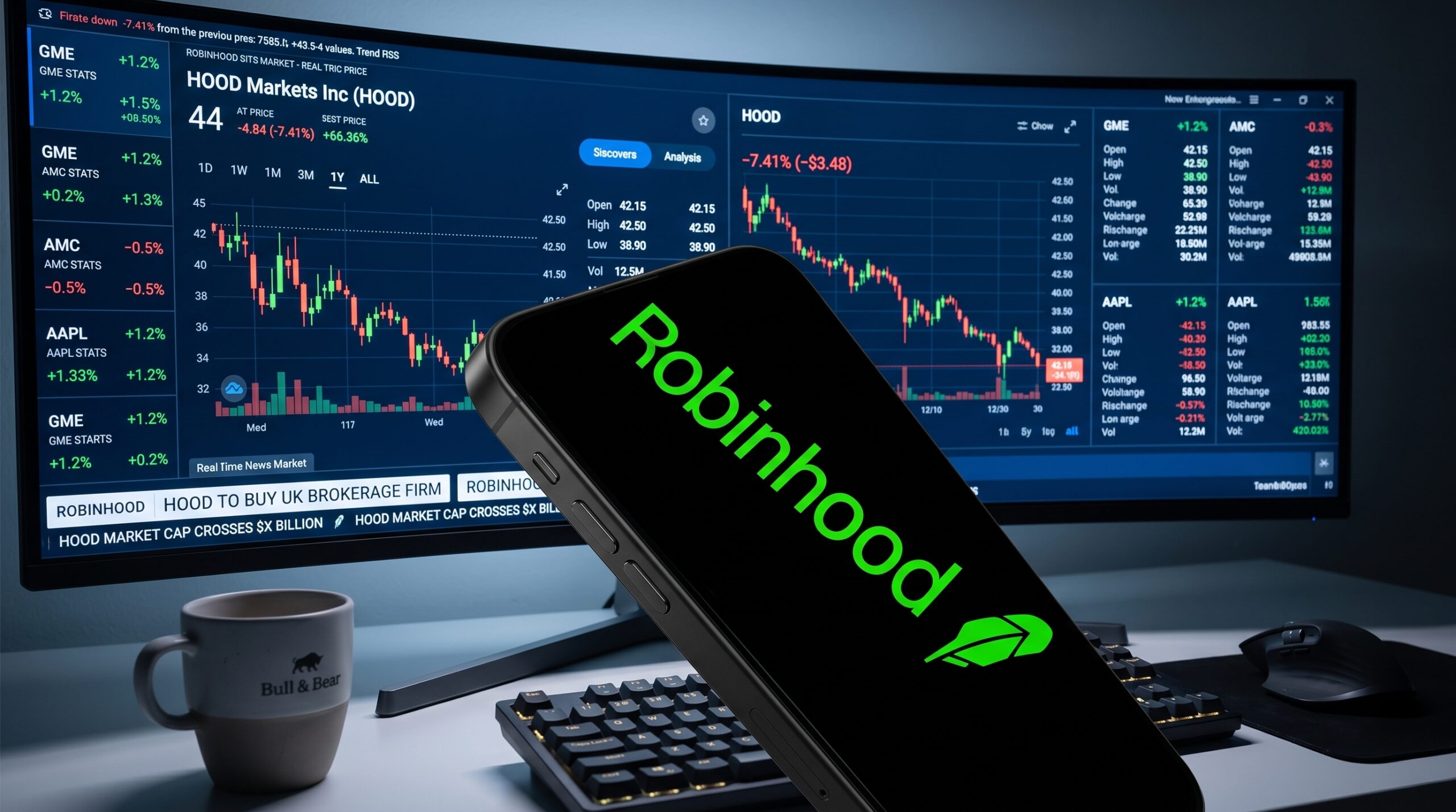A smartphone displaying the Robinhood trading interface overlaid with glowing AI algorithmic neural nodes and financial candlestick charts.
