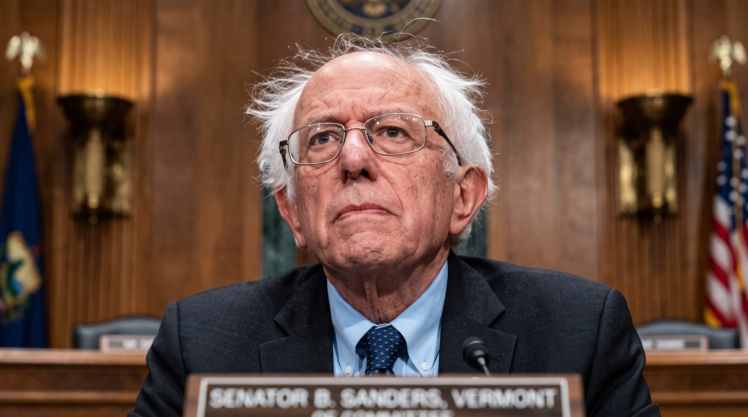 Senator Bernie Sanders speaking at a podium superimposed with digital neural network circuits and the US Capitol dome.