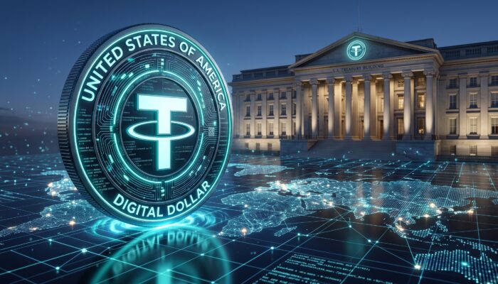 3D digital US dollar coin illuminated on a global digital network grid alongside the US Treasury building.