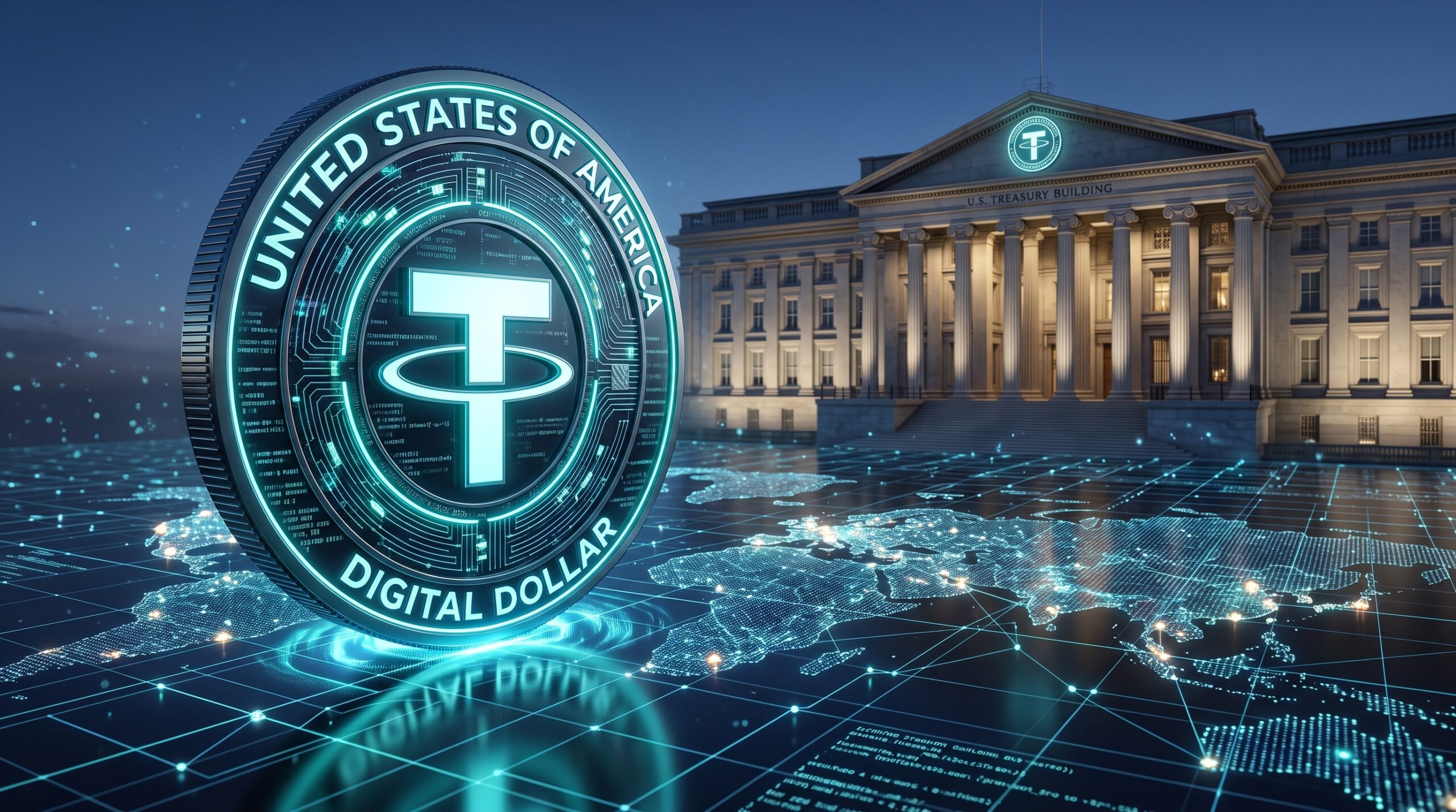 3D digital US dollar coin illuminated on a global digital network grid alongside the US Treasury building.