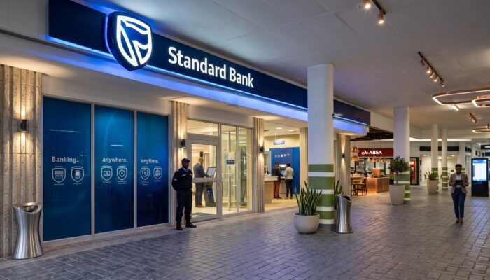Digital visualization of connected international banking nodes across a 3D globe with Standard Bank branding, representing the 21-firm global stablecoin network.
